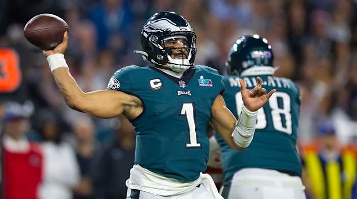 Jalen Hurts throws a pass in the Super Bowl